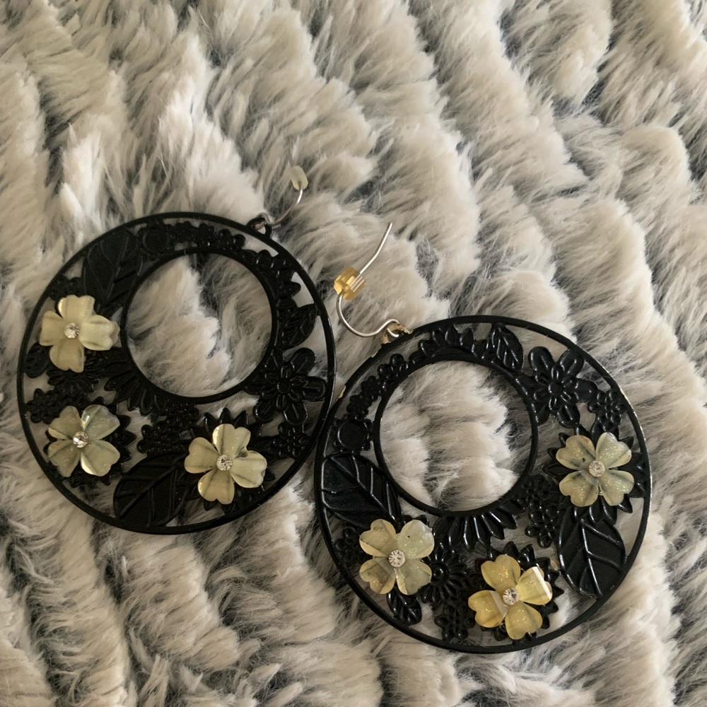 Black floral hoop dangly earrings